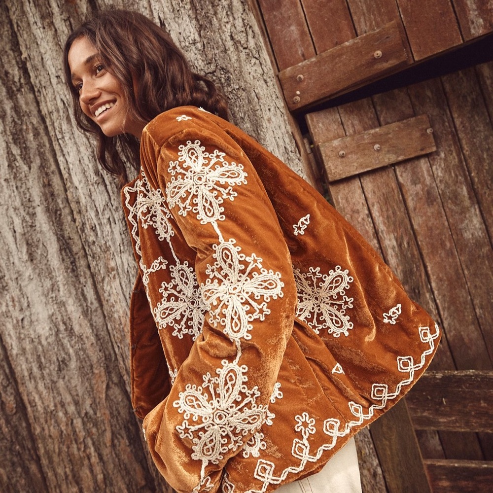 We The Free Rust Velvet Embroidered Jacket with Cream Lace - Picture 2 of 8